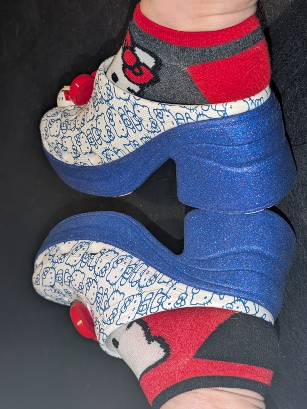 CROCS Blue Glitter Platform Clogs with White Printed Upper and Red Buckles - Picture 6 of 6